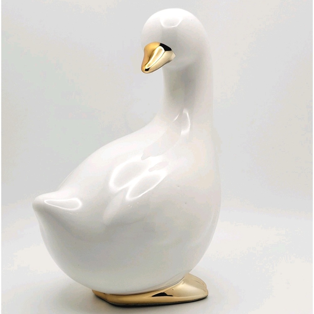 Bullseye Playground Ceramic Goose Figurine White with Gold Accents Farmhouse